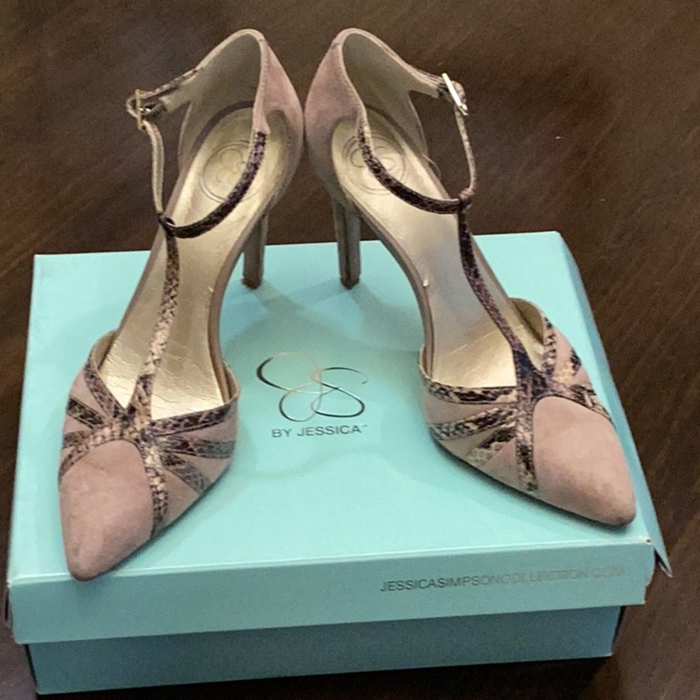 Jessica Simpson Brown and Tan Heels with Ankle Strap